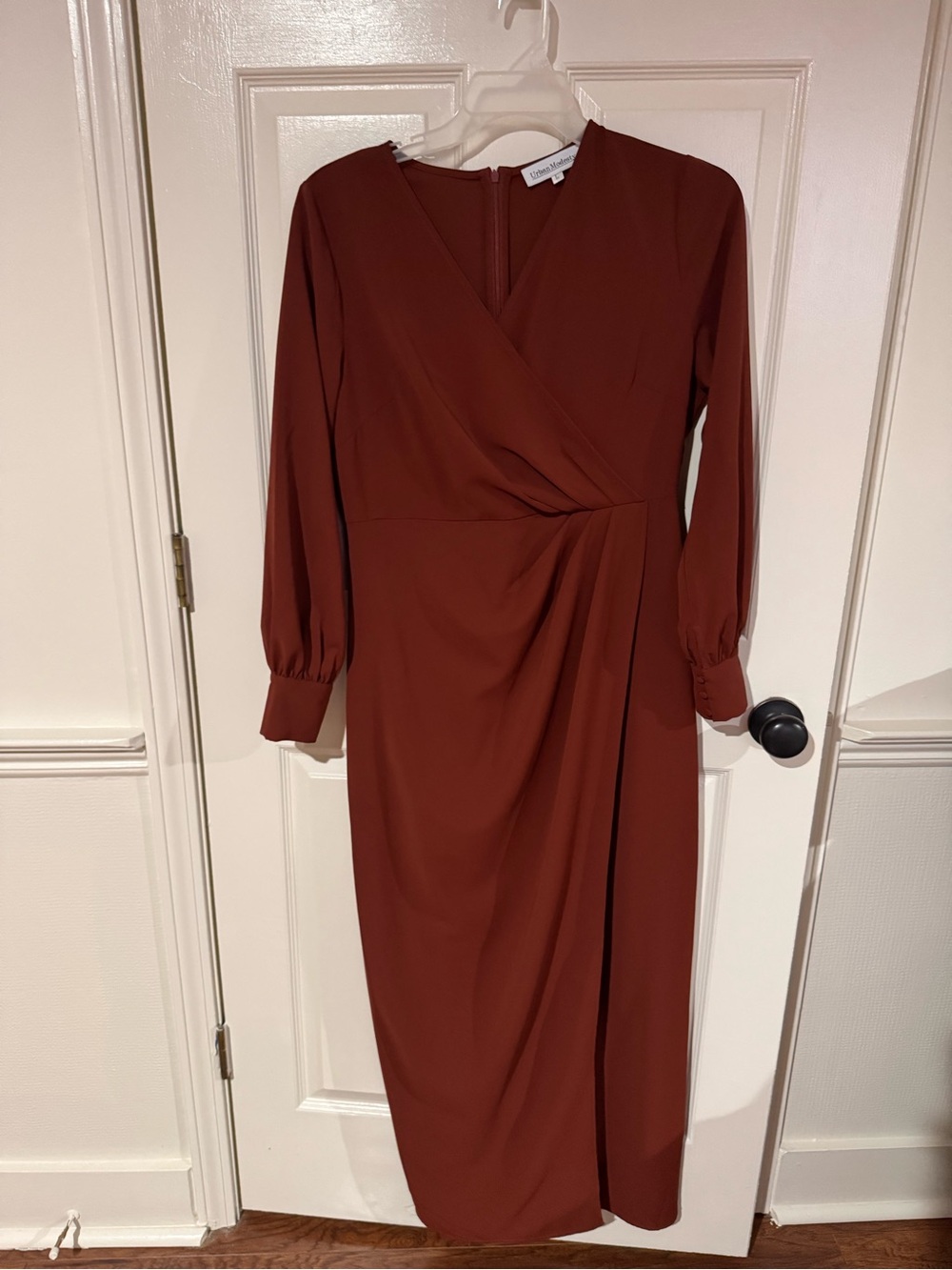 Long Sleeve Surplice Midi Dress in Rust